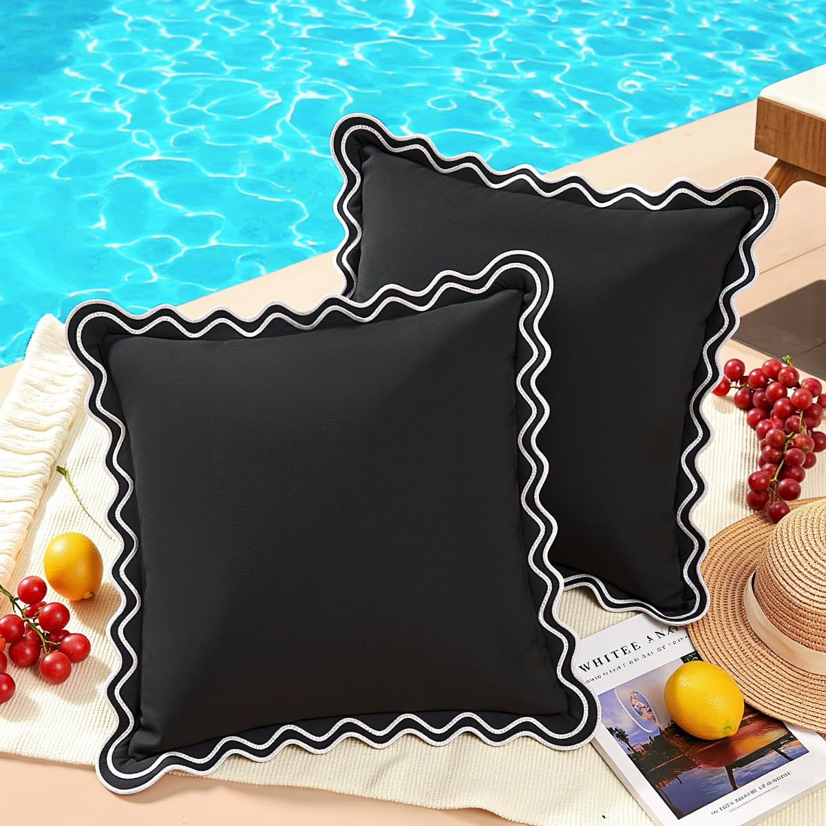 JOJOGOGO 18x18 Black and White Scalloped Embroidered Outdoor Throw Pillow Covers Waterproof Set o... | Amazon (US)