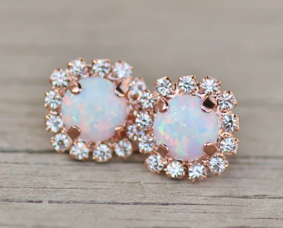GORGEOUS White Opal & Rose Gold Halo Stud Earringslab Created | Etsy | Etsy (US)