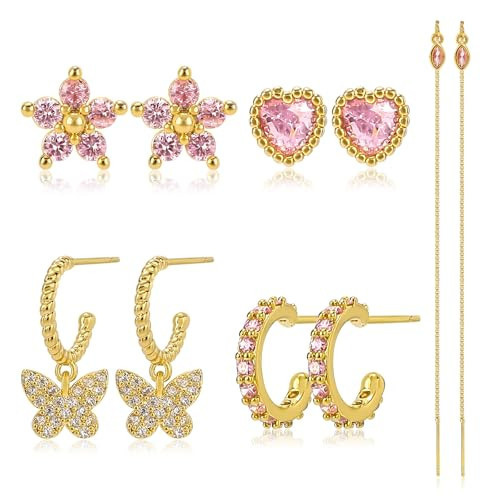 Pink Flower Heart Butterfly Earrings Set for Women 14K Gold Plated Dainty Cubic Zirconia Love Butterfly Hoop Earrings for Multiple Piercing Long Tassel Chain Stud Earrings Set Jewelry Gifts for Women | Amazon (US)