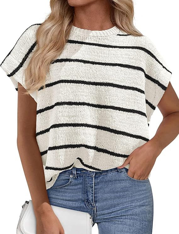 PRETTYGARDEN Womens Summer Short Sleeve Tops 2026 Trendy Crew Neck Striped Knit Sweater Business ... | Amazon (US)