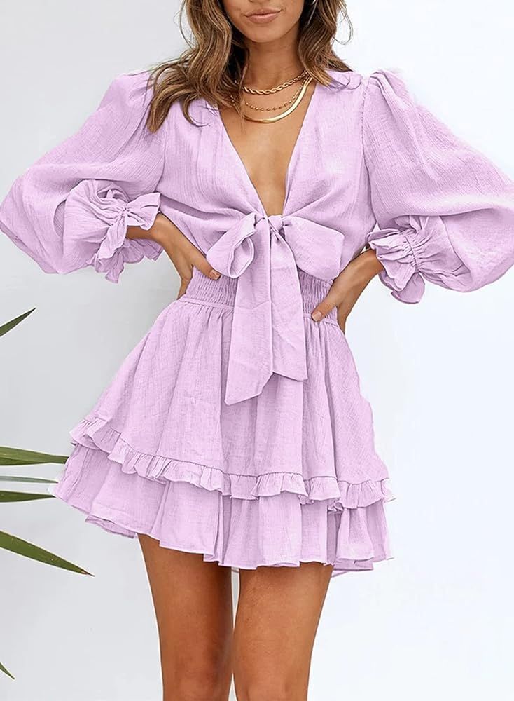 AlvaQ Womens Spring Summer Knot Front V Neck Ruffles Long Sleeve Floral Print Swing Mini Dress | Amazon (US)