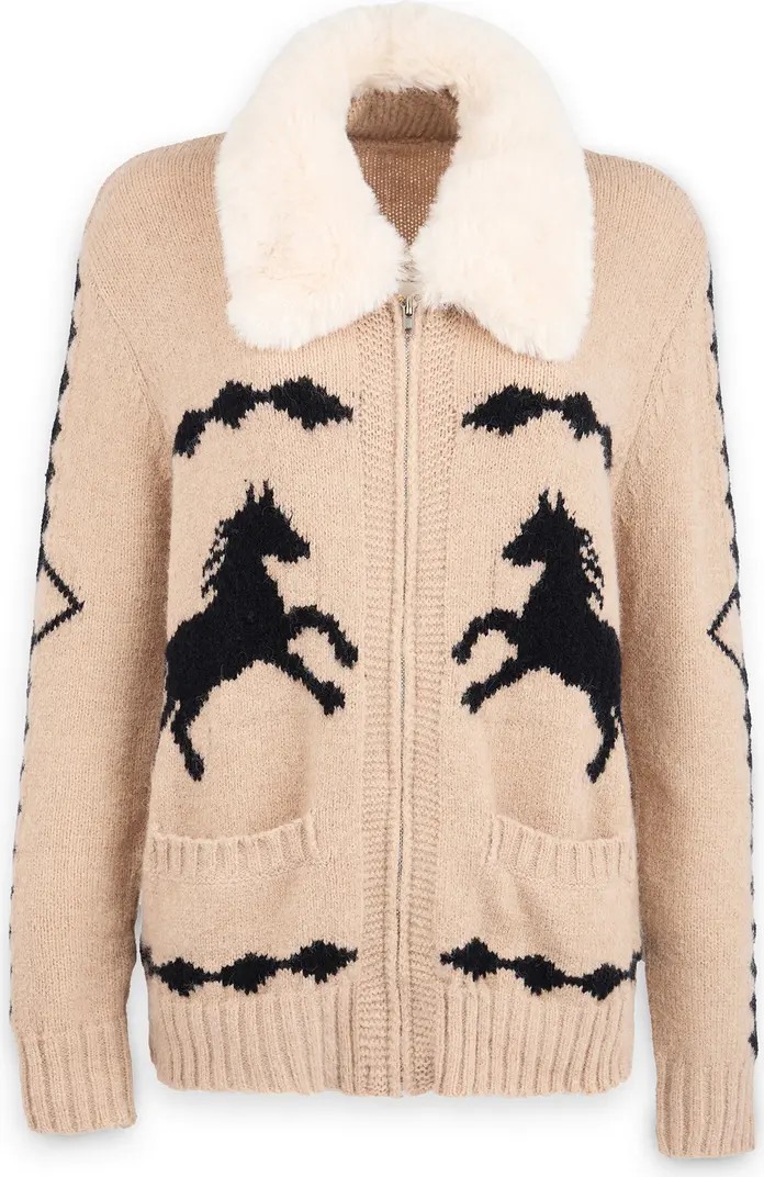 Horse Motif Cardigan with Faux Fur Collar | Nordstrom Rack