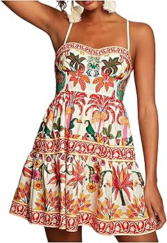 Floerns Women's Floral Boho Mini Dress Spaghetti Strap Vintage Tiered Ruffle Summer Beach Vacatio... | Amazon (US)