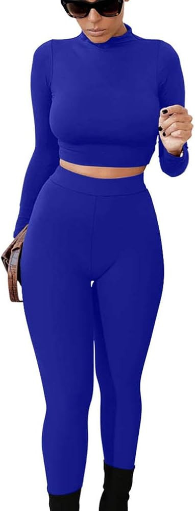 GOKATOSAU Women's Sexy 2 Piece Outfits Long Sleeve Crop Top Pants Set Club Jumpsuits | Amazon (US)