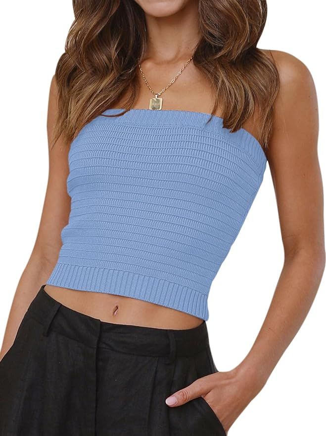 BZB Women Tube Crop Tops Summer Strapless Cute Ribbed Bandeau Tank Tops | Amazon (US)