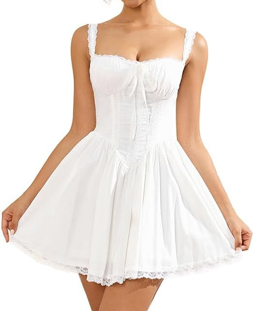 Womens Summer Mini Dress Square Neck Tie Front Lace Spliced Ruched Backless Casual Party Graduati... | Amazon (US)