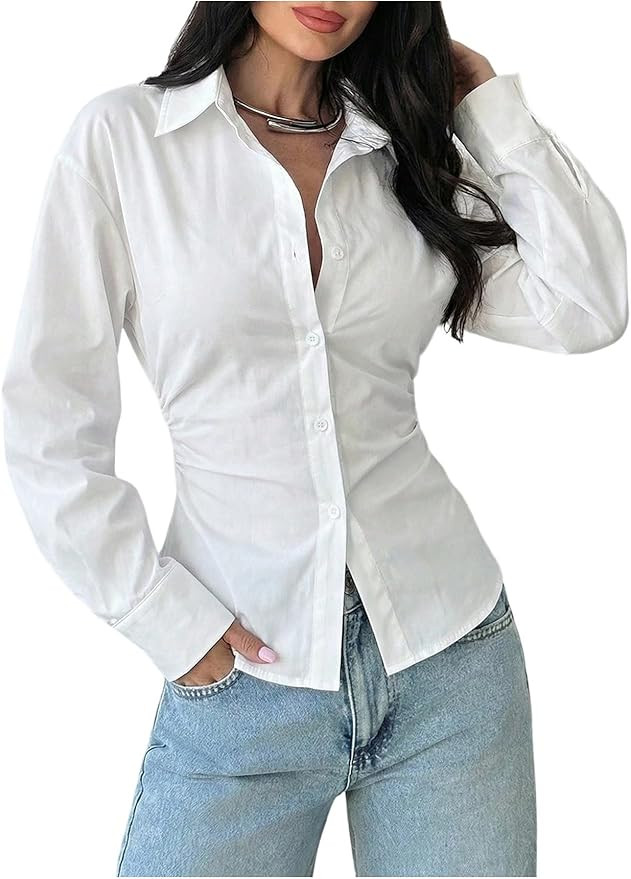 SOLY HUX Women's Striped Button Down Shirt Cinched Waist Long Sleeve Blouse | Lace Up Back, Colla... | Amazon (US)