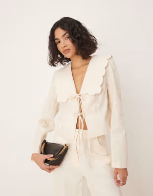 ASOS DESIGN tailored scallop collar tie front jacket in buttermilk | ASOS (Global)