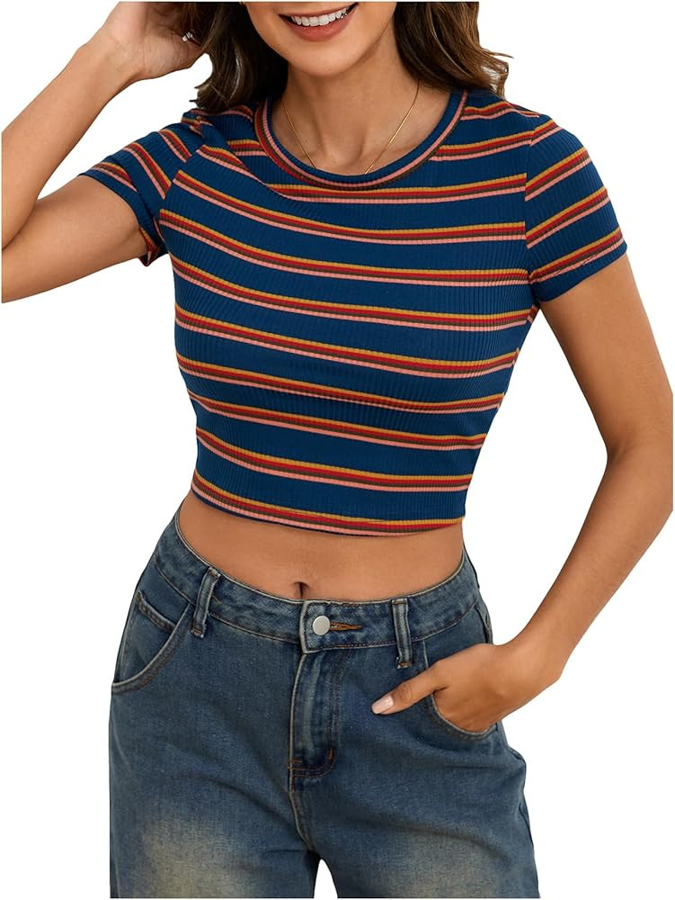 RoseSeek Women's Striped Colorblock T Shirt Short Sleeve Crew Neck Ribbed Knit Crop Tops | Amazon (US)