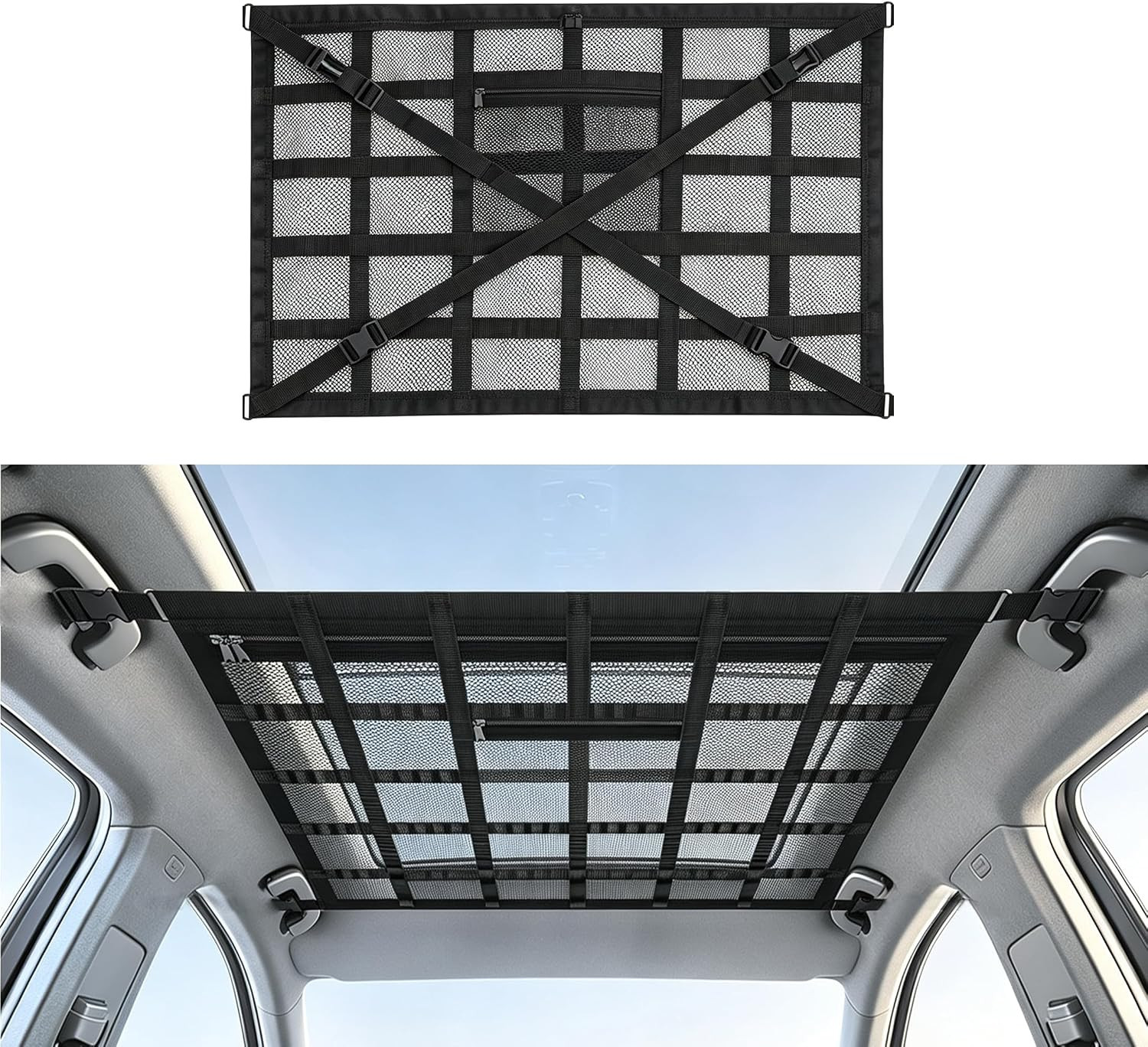 1 PC Car Ceiling Cargo Net Pocket, 31.5" x 21.6" Double-layer Roof Storage Organizer, Heavy Duty Overhead Mesh Net with Buckle Fasteners, Universal for Most Cars, Trucks, SUVs (Black) | Amazon (US)
