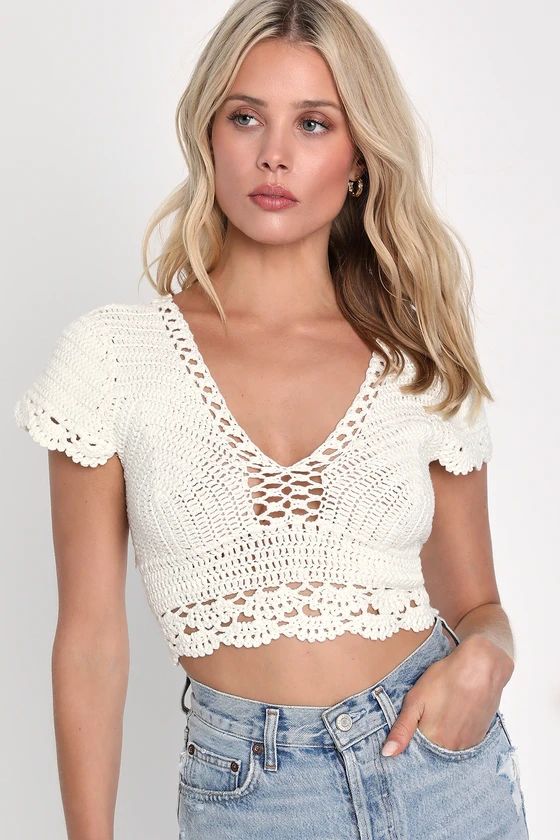 Let's Run Away Ivory Crochet Backless Short Sleeve Top | Lulus (US)