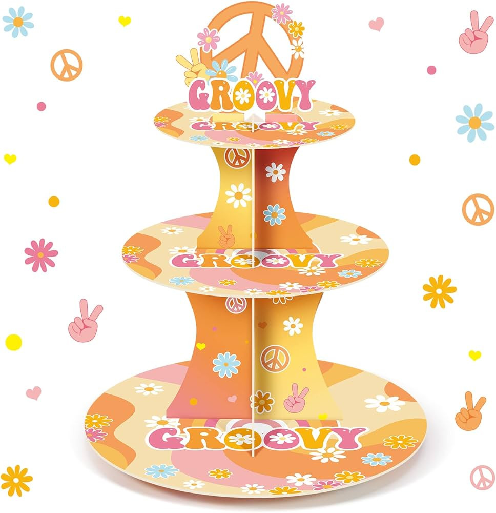 Nuenen 3 Tier Groovy Hippie Cupcake Stand Party Decorations Retro Hippie Boho Cupcake Holder Dais... | Amazon (US)
