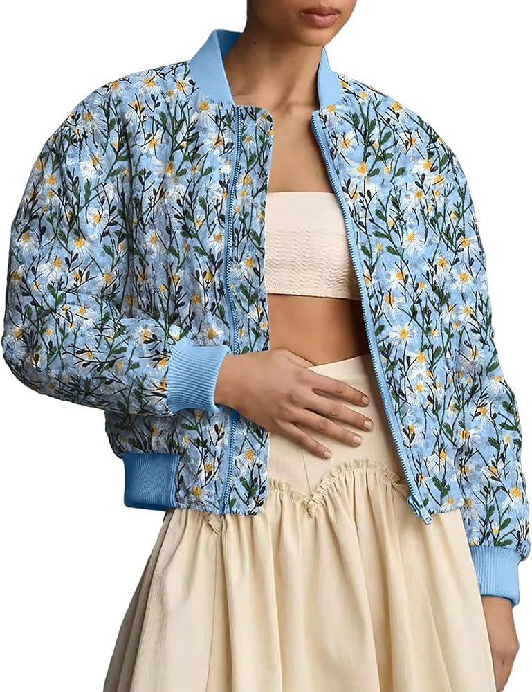 Women’s Floral Bomber Jacket Cropped Zipper Down Long Sleeve Daisy Padded Coat Outwear with Poc... | Amazon (US)