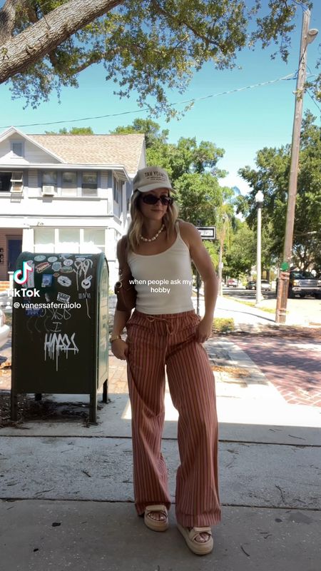 4/12/24 Casual coffee shop outfit of the day 🫶🏼 Linen pants, striped linen pants, free people style, free people outfits, spring fashion 2024, spring fashion trends, summer outfits, summer fashion 2024, platform sandals, dad sandals, spring sandals, summer sandals 