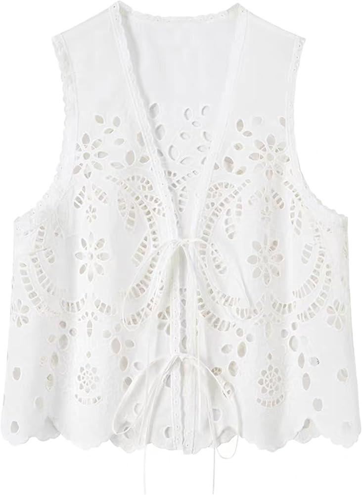 Peaceglad Womens Summer Tie Front Tops Boho Eyelet Crop Tank Tops Sleeveless Cardigan Vacation Y2... | Amazon (US)