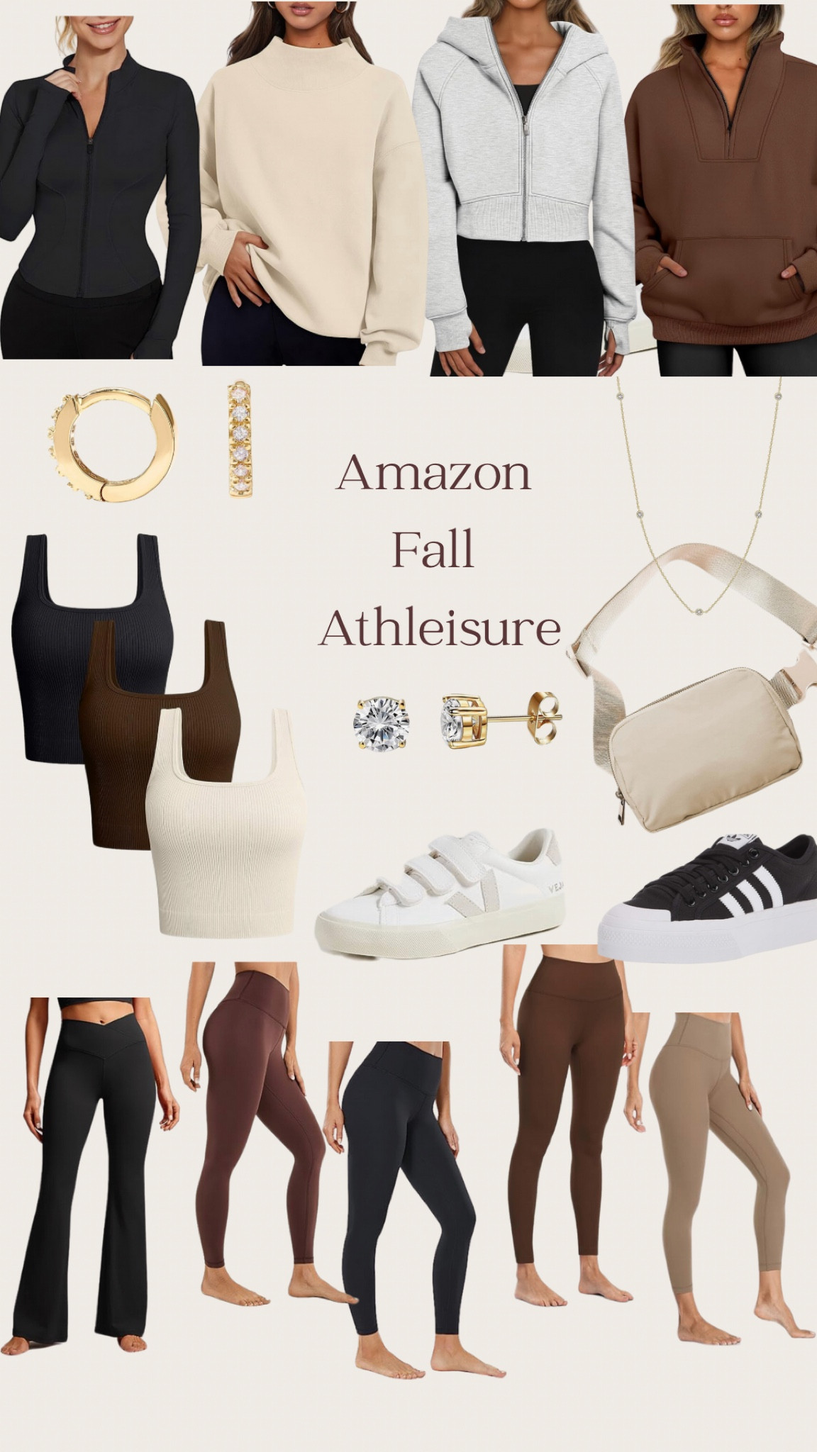 Amazon athlesiure looks that I will be wearing this fall! 

Ribbed tank top, tank top set, coffee brown, beige, black leggings, Amazon find, small gold hoop earring, rhinestone hoops, belt bag, fanny pack, veja, adidas, sneakers, athlesiure, fitness, casual style, diamond studs, mock neck, pull over, pullover jacket, lululemon dupe, fall style, workout jacket, fitness, crz yoga, yoga pants, butterluxe 