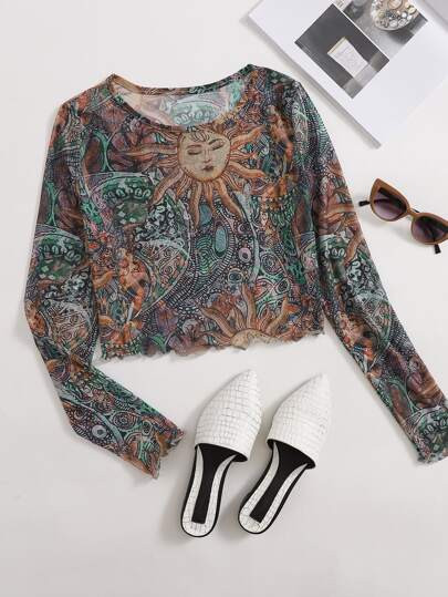 All Over Print Sheer Mesh Lettuce Trim Crop Top | SHEIN