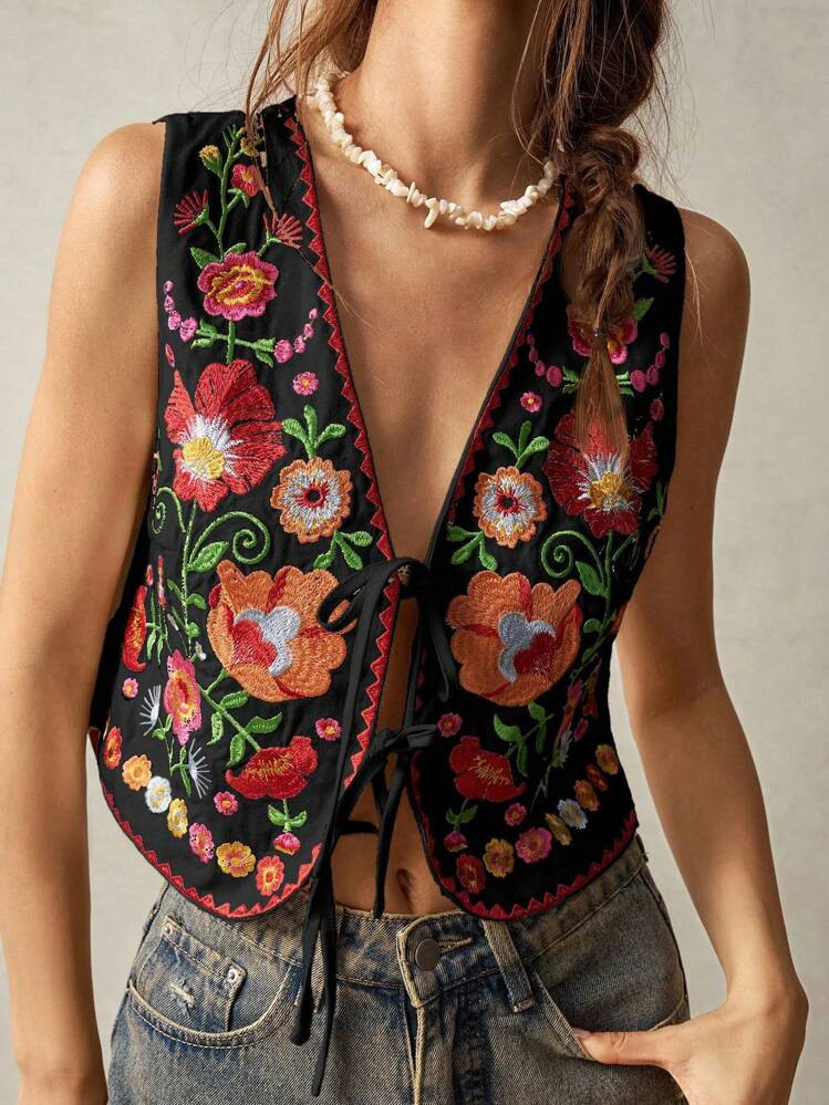 Bohemela Vacation Floral Embroidery Sleeveless Tie Front Top For Women | SHEIN