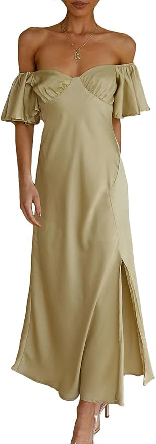 2026 Summer Women's Satin Off Shoulder Formal Dress Wedding Guest Elegant Butterfly Sleeve Split ... | Amazon (US)