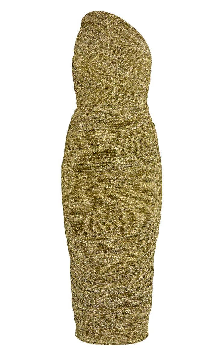 Gold Glitter Plisse Ruched One Shoulder Midi Dress | PrettyLittleThing US