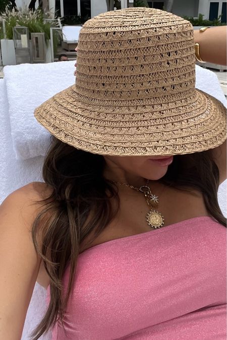 Beach day details 💖 my bucket hat is such a good dupe for a more expensive version & I love how it’s adjustable- it’s under $20! My pink one piece shimmer swimsuit is under $50

Resort wear, bucket hat, one piece swimsuit, pink swimsuit, mom swimsuit, gold necklace, vacation outfit, pool outfit, summer outfit, Walmart, Elizabeth Cole necklace, Christine Andrew 

#LTKstyletip #LTKfindsunder50 #LTKswim