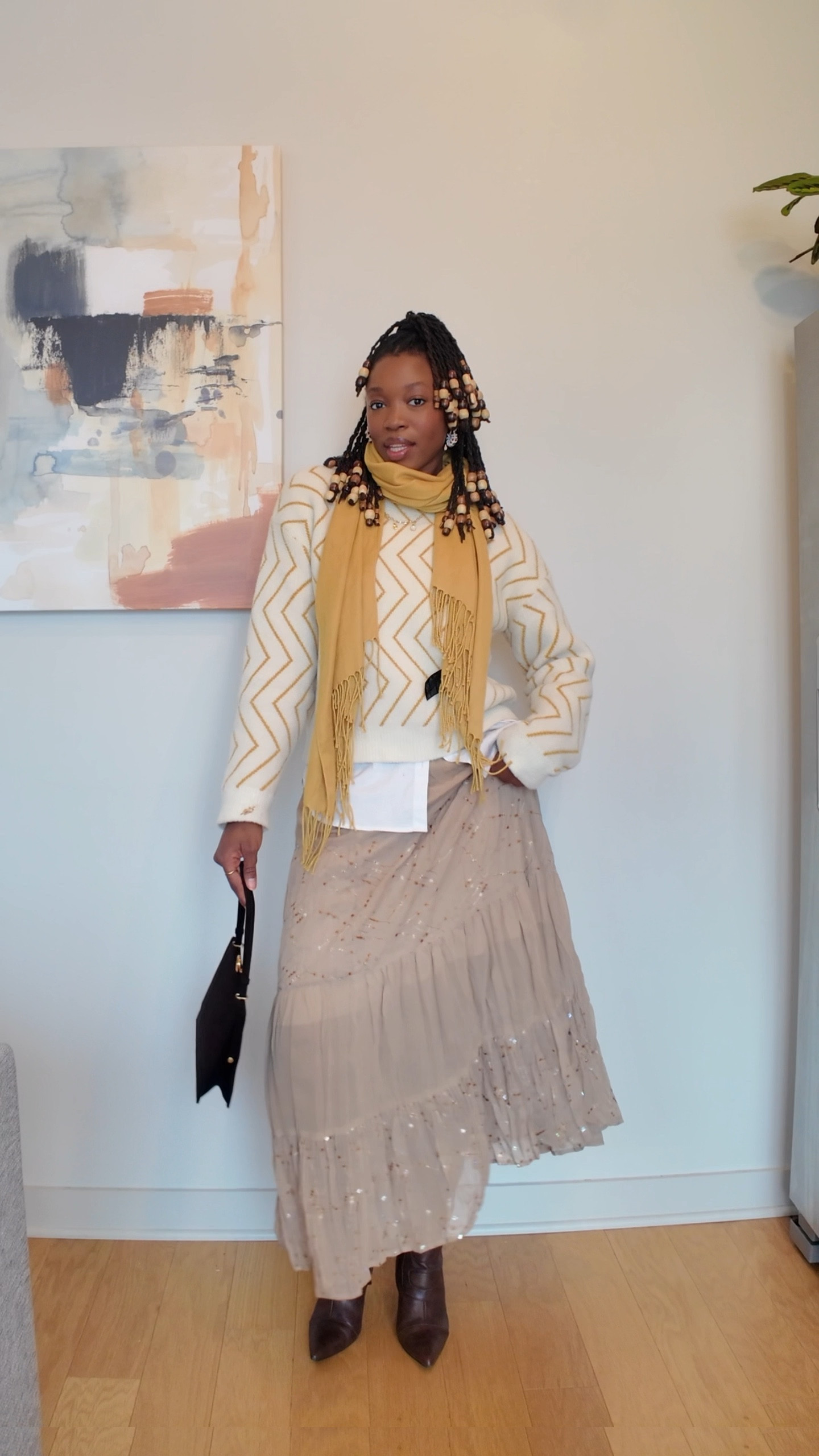 #OOTD layering with a cozy sweater, scarf, flowy skirt & brown boots to match my purse 👜  