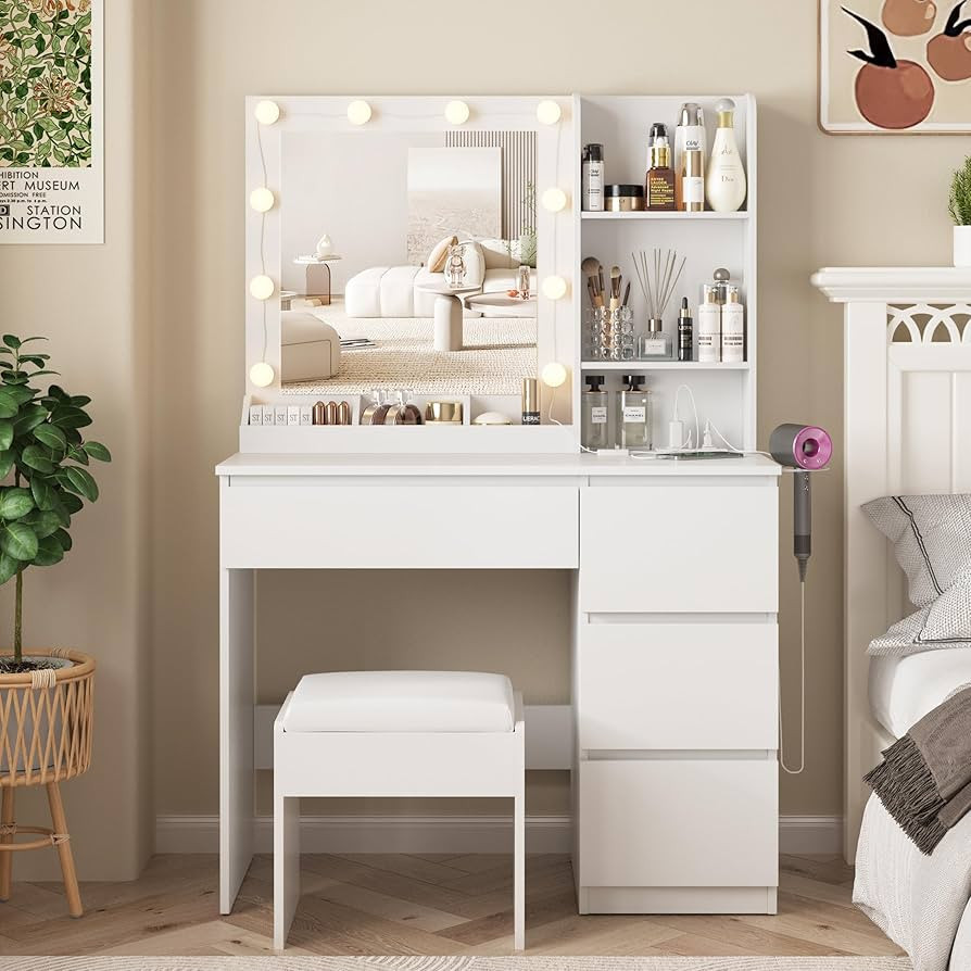 Vabches Vanity, Makeup Vanity Desk Set with Mirror & Light, Dressing Table Storage Lots with Powe... | Amazon (US)