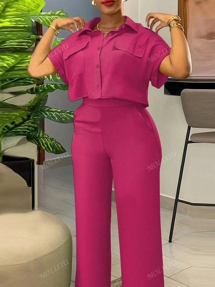 2pcs Set Summer Casual Solid Turndown Collar Front Button Closure Shirt & Long Pants | SHEIN