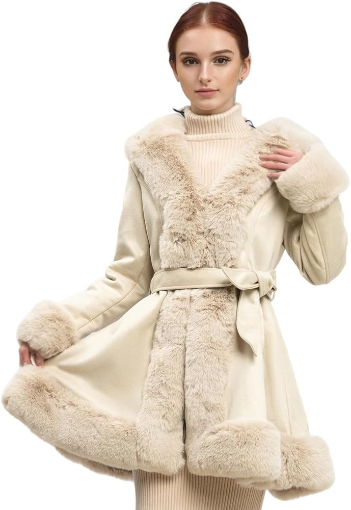 NXBC Winter Faux Fur Coats for Women,Faux Fur Leather Jacket Women,Winter Long Sleeve Furry Trim ... | Amazon (US)