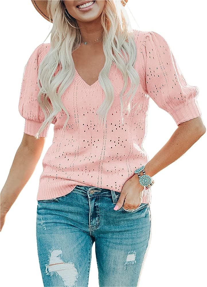 Foshow Womens Puff Short Sleeve Sweaters Tops Spring Soft Crew Neck Dot Pullover Shirt Lightweigh... | Amazon (US)