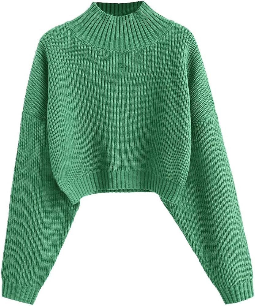 ZAFUL Women's Pullover Sweater Drop Shoulder Plain Knitted Cropped Sweater Pullover Solid Long Sl... | Amazon (US)