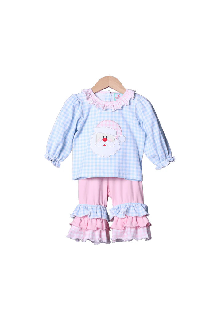 Blue Gingham Knit Applique Santa Pant Set | The Smocked Flamingo