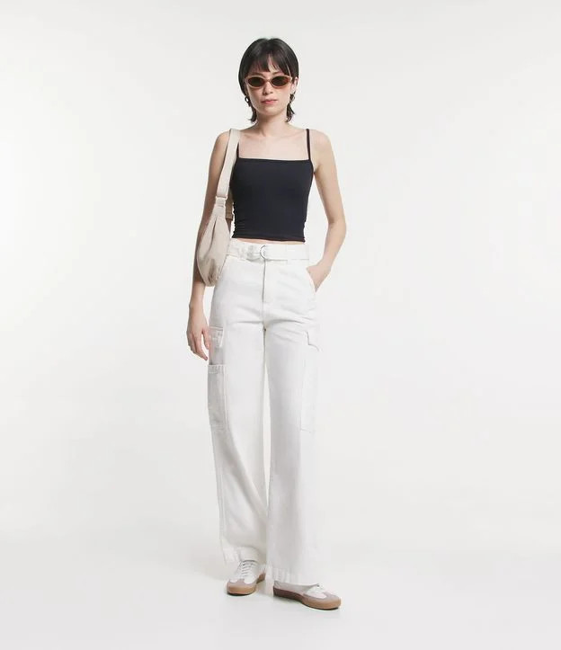 Calça Wide Leg em Sarja com Cinto e Bolso Cargo Branco | Renner (BR)