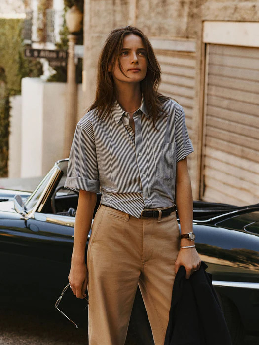 Hampton Stripe Blue / White Mainstay Cotton Cut-Off Short Sleeve Button Down - Buck Mason- Modern... | Buck Mason