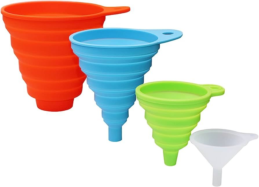Funnels for Filling Bottles, Silicone Funnels for Kitchen Use Set of 4, Collapsible Food Funnel w... | Amazon (US)