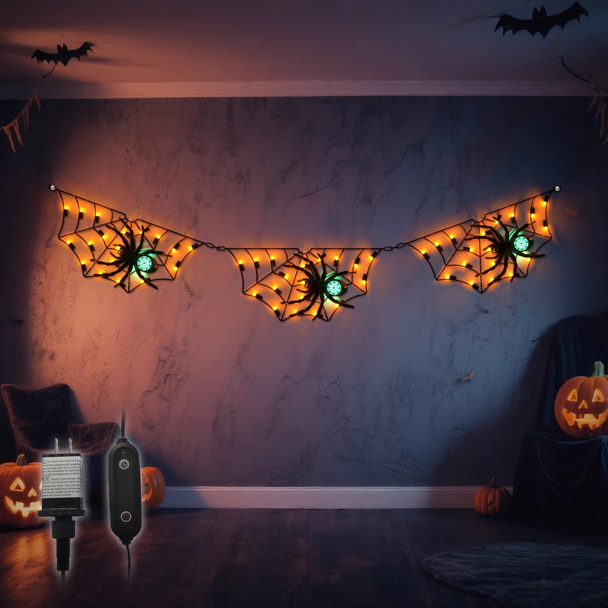 52.4" Led Halloween Spider Web Lights With Green Spiders, Orange Led Webs, 3 Webs/set, Indoor And... | Wayfair North America