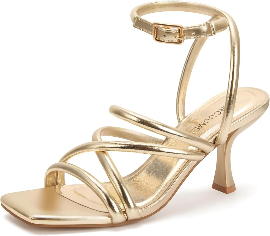 Carcuume Women's Square Toe Strappy Lace Up Heeled Sandals Ankle Buckle Kitten Heel | Amazon (US)