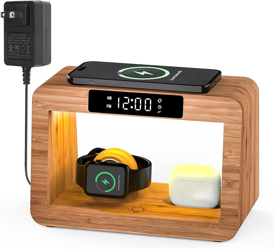 HQOBZX Bamboo Wireless Phone Charging Station with Digital Alarm Clock & Night Light,Fast Chargin... | Amazon (US)
