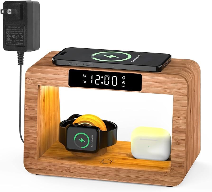 HQOBZX Bamboo Wireless Phone Charging Station with Digital Alarm Clock & Night Light,Fast Chargin... | Amazon (US)