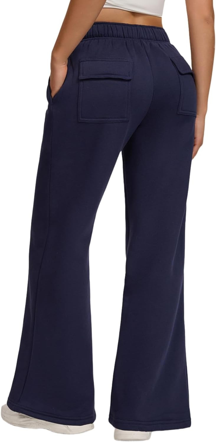 QINSEN Women's Flare Wide Leg Sweatpants Casual Fleece Lined Back Pockets Lounge Sweat Pants | Amazon (US)