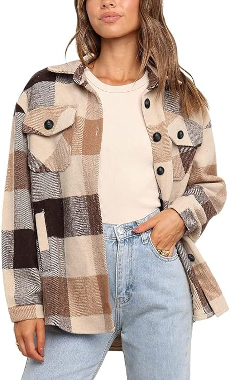 AUTOMET Womens Casual Plaid Shacket Wool Blend Button Down Long Sleeve Shirt Fall Jacket Shackets | Amazon (US)