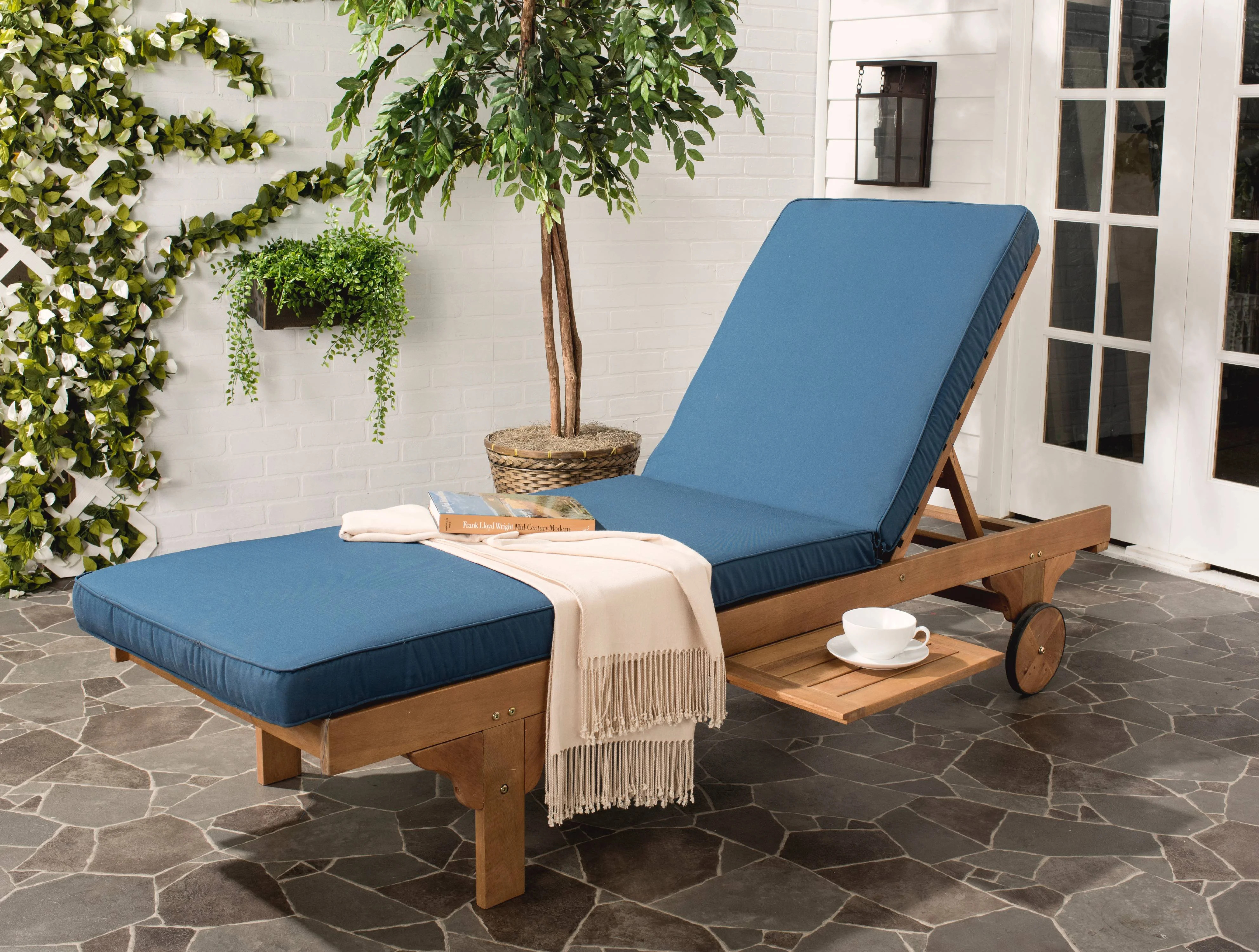 Safavieh Newport Cushioned Eucalyptus Wood Outdoor Chaise Lounge - Navy - Walmart.com | Walmart (US)