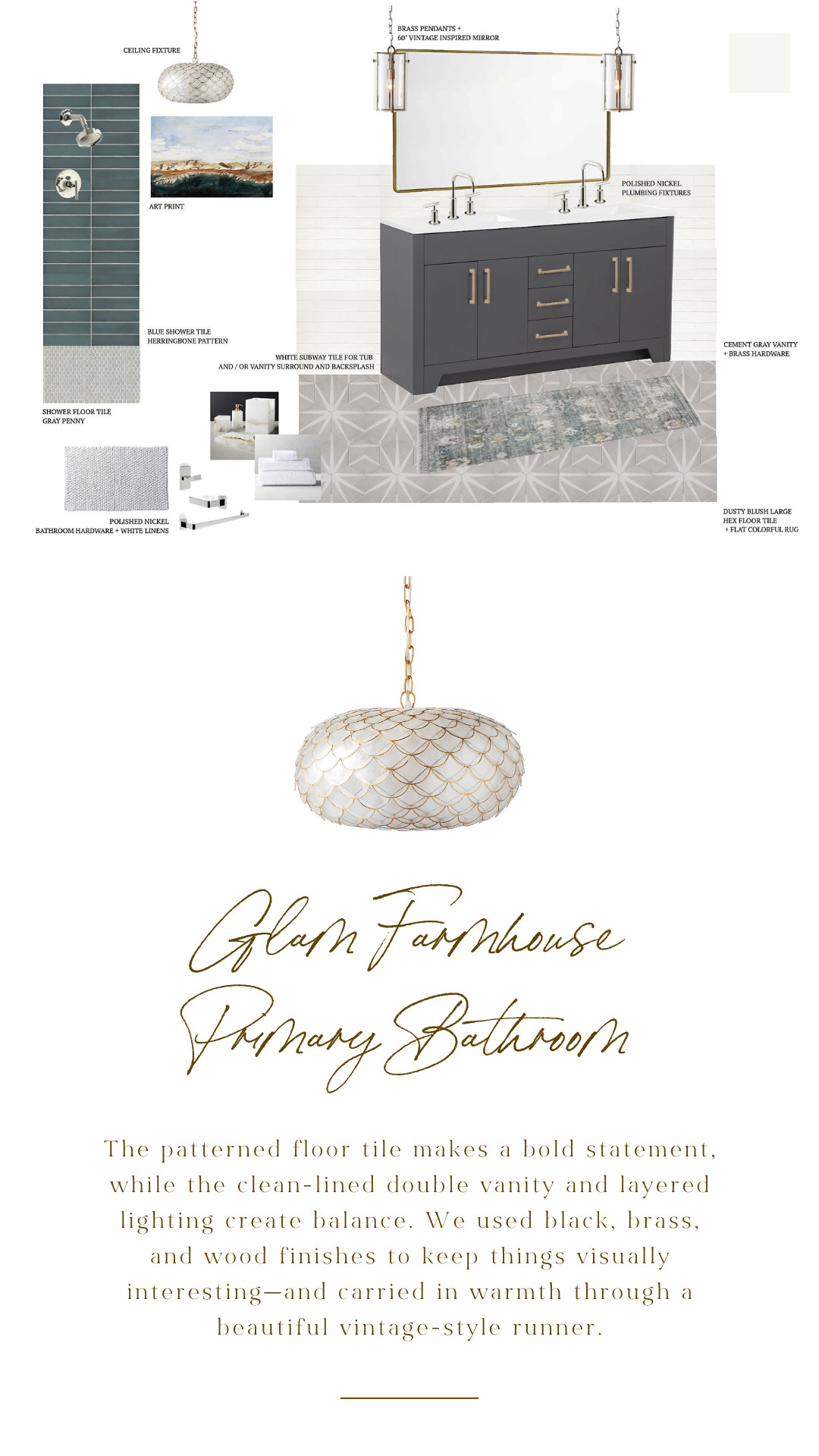 This primary bathroom hits that perfect balance of fresh and warm. We mixed a patterned vanity, marble hex tile, cherry wood floors, and brass finishes to give it character and coziness—with just enough glam to feel special. One of my favorite moments in this whole home.

#primarybathroom #bathroominspo #glamfarmhouse #eclecticdecor #brassfixtures #interiordetails #LTKhome 

 #LTKHome #LTKFindsUnder100