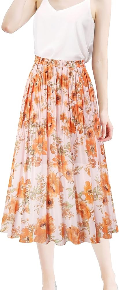 Kingfancy Women's Pleated Skirt Chiffon Elastic Waist A-Line Midi Length Skirt | Amazon (US)