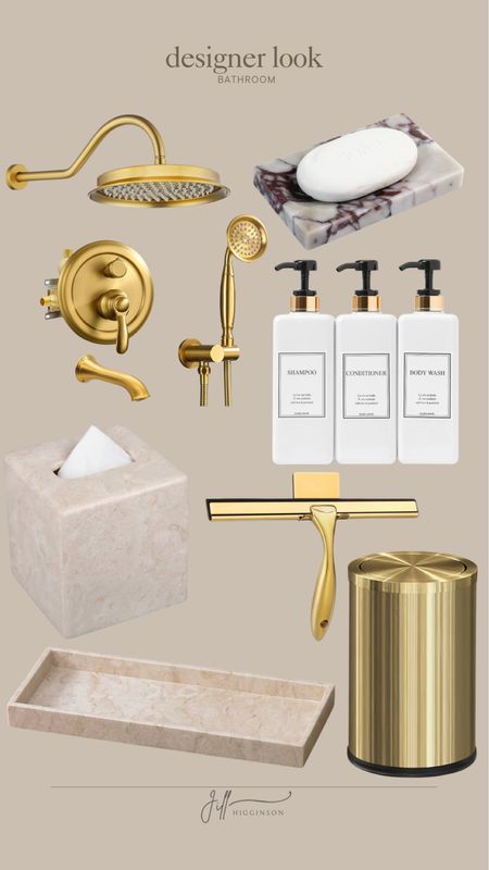 Designer look bathroom from Amazon! 

Shower head, pump dispenser, trash can, tissue box, tray, home decor 

#LTKFindsUnder100 #LTKHome #LTKSaleAlert