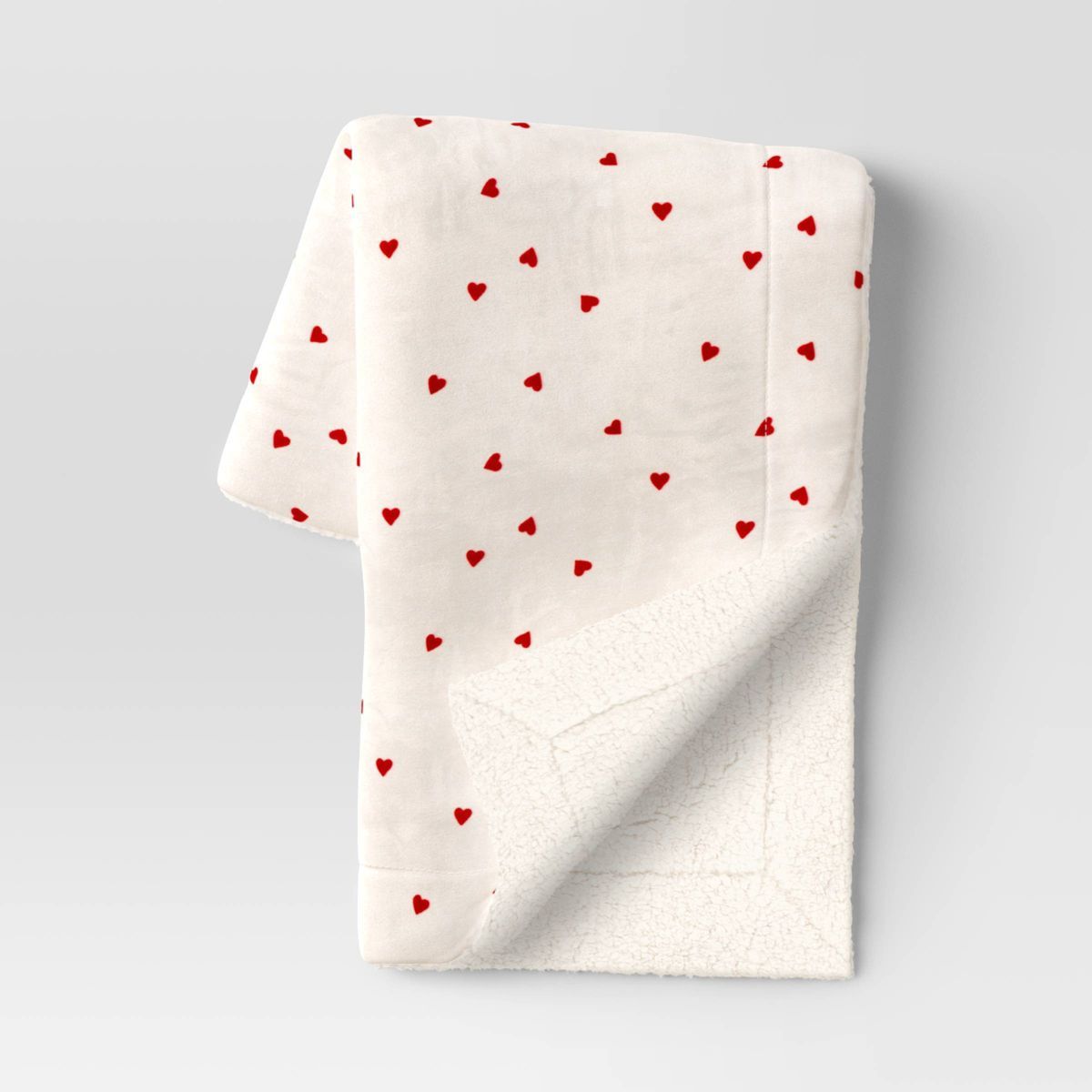 Printed Plush Mini Hearts Throw Blanket with Faux Shearling Reverse Ivory/Red - Threshold™ | Target