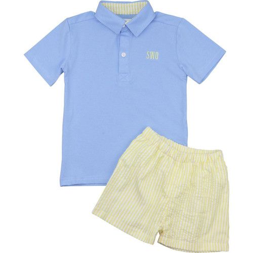 Blue And Yellow Seersucker Polo Short Set | Cecil and Lou