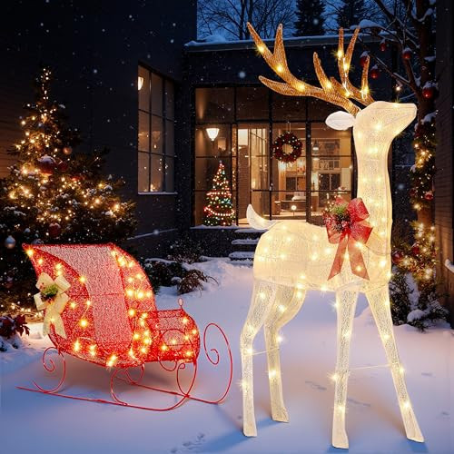 JOYIN Lighted Christmas Reindeer & Sleigh Set, 4FT Outdoor Christmas Decorations for Yard, Warm White LED Lights Xmas Yard Decor, 3D Deer with Ground Stakes for Lawn Garden Porch Holiday Front Door | Amazon (US)