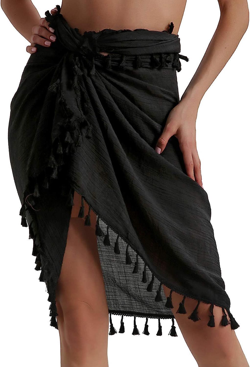 Eicolorte Beach Sarong Pareo Womens Semi-Sheer Swimwear Cover Ups Short Skirt with Tassels | Amazon (US)