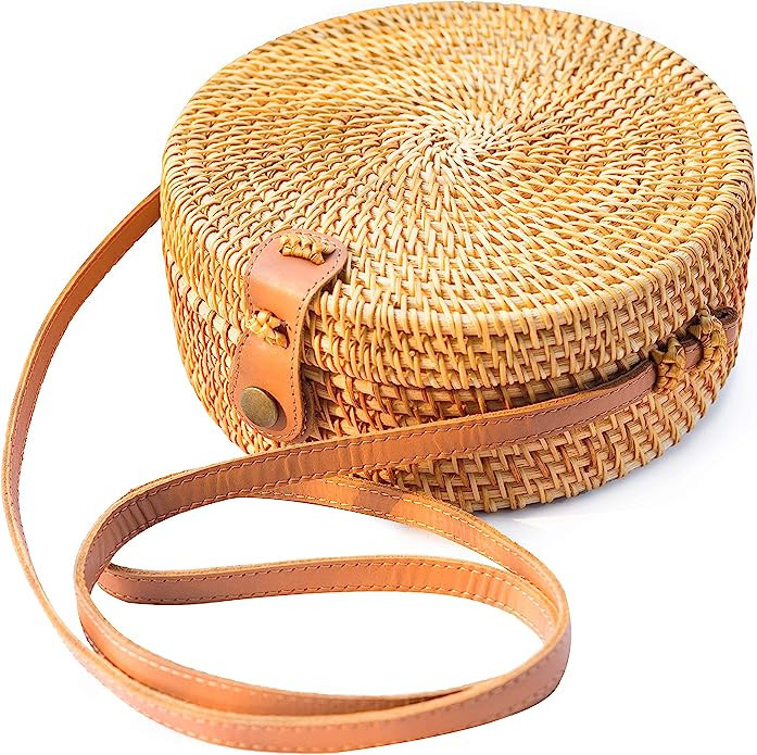Natural NEO Handwoven Round Rattan Bag Shoulder Leather Straps Natural Chic Hand | Amazon (US)